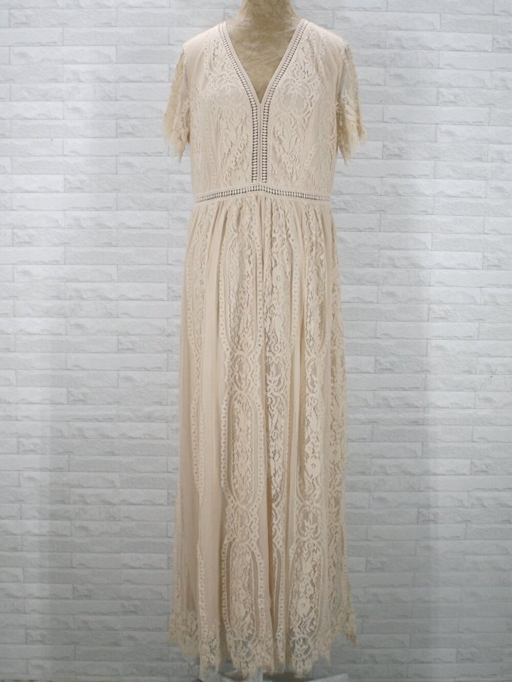 MEROKEETY Dress Lace Floral Boho Bridesmaid Retro Sheer Neutral Beige X-Large